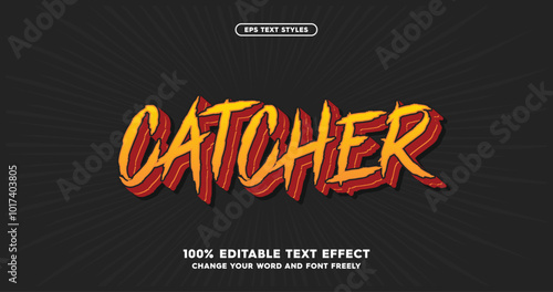 Catcher: Bold orange text effects with a dark red outline and scratch-style font, perfect for editable baseball-themed designs. Dark gray background with a light ray effect. Vector illustration.