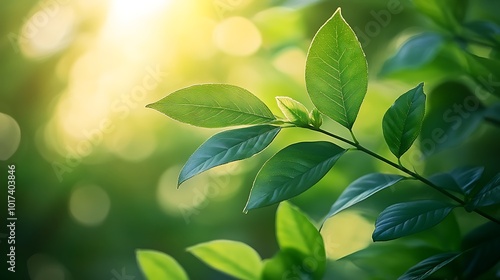 A close-up view of vibrant green leaves glistening with dew, bathed in soft sunlight, creating an ethereal atmosphere in a natural setting.