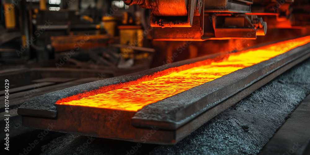 Molten metal flowing from blast furnace in steel mill Molten metal flowing from blast furnace in steel mill