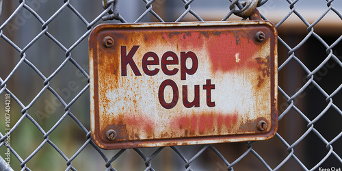 Old rusty keep out sign hanging on chain link fence