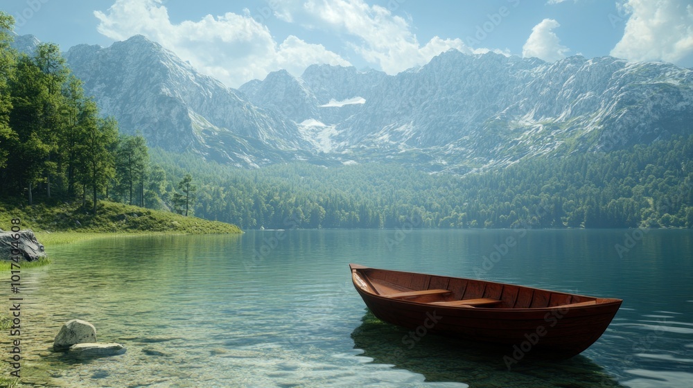 Serene Mountain Lake with a Wooden Boat Serene Mountain Lake with a Wooden Boat