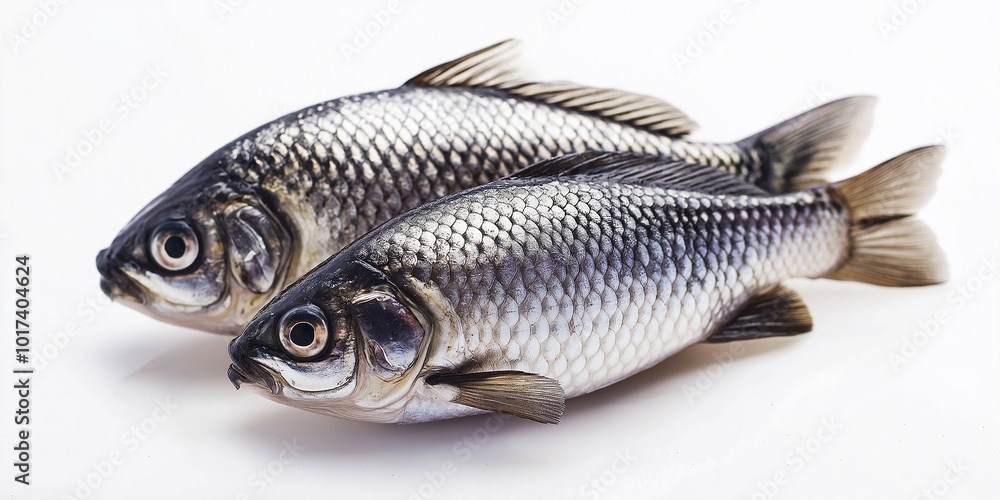 Two fresh prusian carp fish lying on white background Two fresh prusian carp fish lying on white background