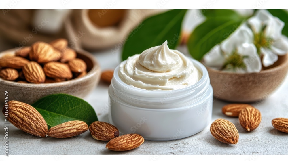 A close-up of almond seed scrub cream, with natural crushed almond particles in a rich cream, highlighting its exfoliating properties for radiant skin A close-up of almond seed scrub cream, with natural crushed almond particles in a rich cream, highlighting its exfoliating properties for radiant skin