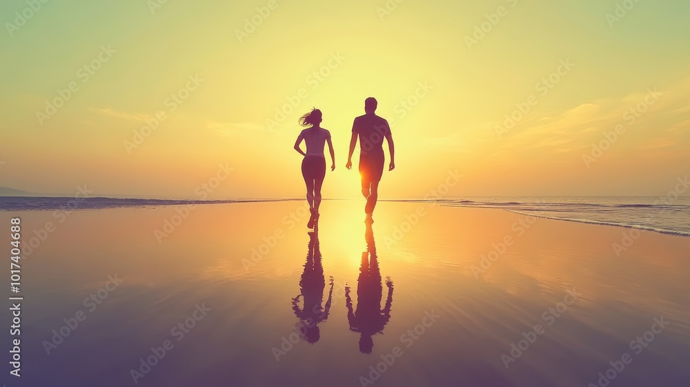 Fototapeta premium Couple walking on beach during sunset, silhouettes against glowing horizon.