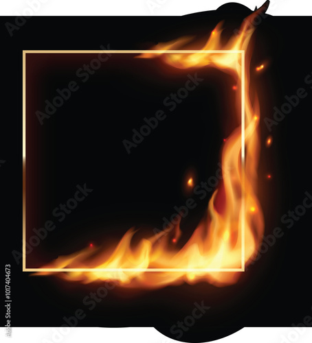 Square Frames in Fire | Vector Burning Borders with Realistic Flames and Particles, 3D Flare Effects, Isolated Burnt Frame Designs, Fiery Hoops, Rectangular Fire Borders for Posters, Graphics, and Art