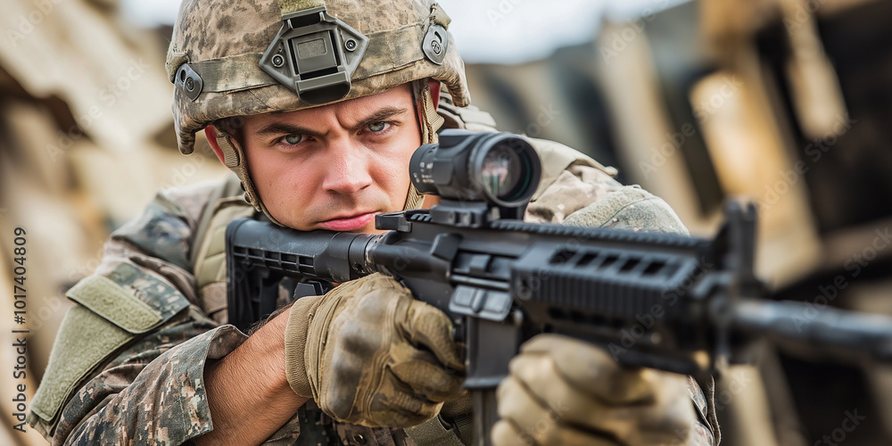 Fototapeta premium Soldier aiming assault rifle wearing camouflage uniform