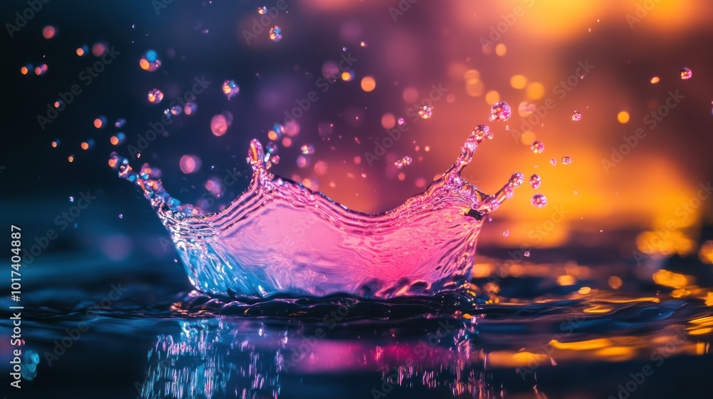 Slow-motion capture of a water splash lit by colorful LED lights, showcasing the elegant shapes and textures formed by water in motion, with dynamic color transitions Slow-motion capture of a water splash lit by colorful LED lights, showcasing the elegant shapes and textures formed by water in motion, with dynamic color transitions