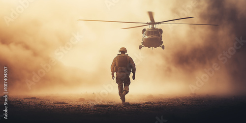 Soldier walking toward military helicopter taking off in desert