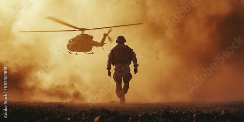 Military helicopter flying over soldier walking in battlefield during sunset