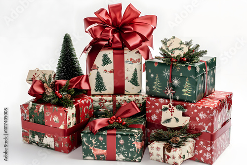 Christmas presents wrapped in red and green festive paper with images of pine trees, snowflakes, and holiday patterns stacked neatly