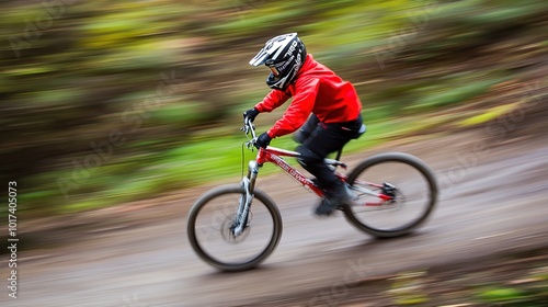 A Cyclist Riding Downhill on a Bicycle, Capturing the Thrill and Excitement of Outdoor Adventure. This Dynamic Scene Showcases the Rider in Action, Navigating the Terrain with Confidence and Speed. 