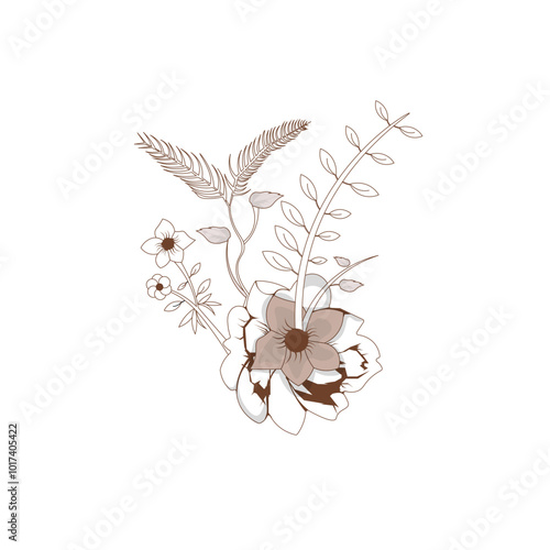 Blooming lily contour isolated on white background. White lily and brown blend. can be for romantic wedding bouquet design.