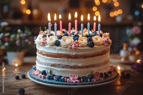 Multi-layered Birthday Cake with Candles and Decorations