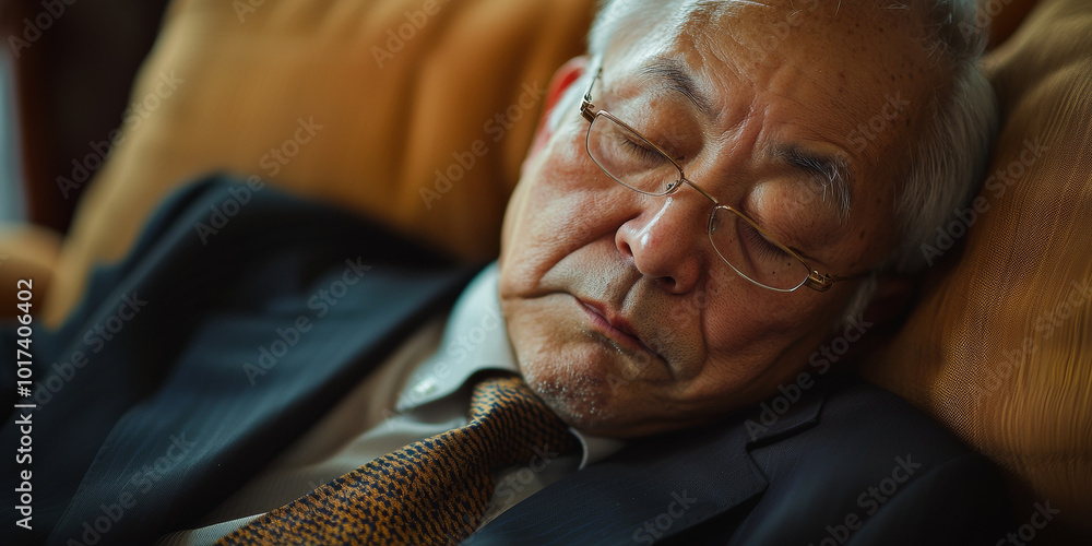 Fototapeta premium An older Asian man, dressed in a suit and tie, is sleeping on the sofa at work, generative AI