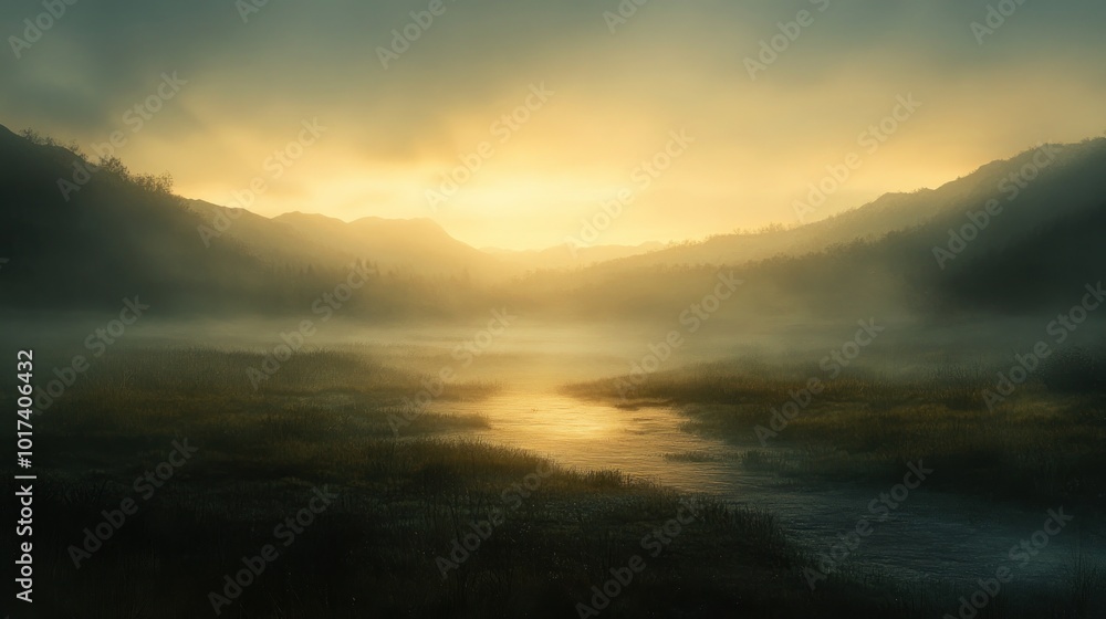 Misty Morning River in Mountain Valley Misty Morning River in Mountain Valley