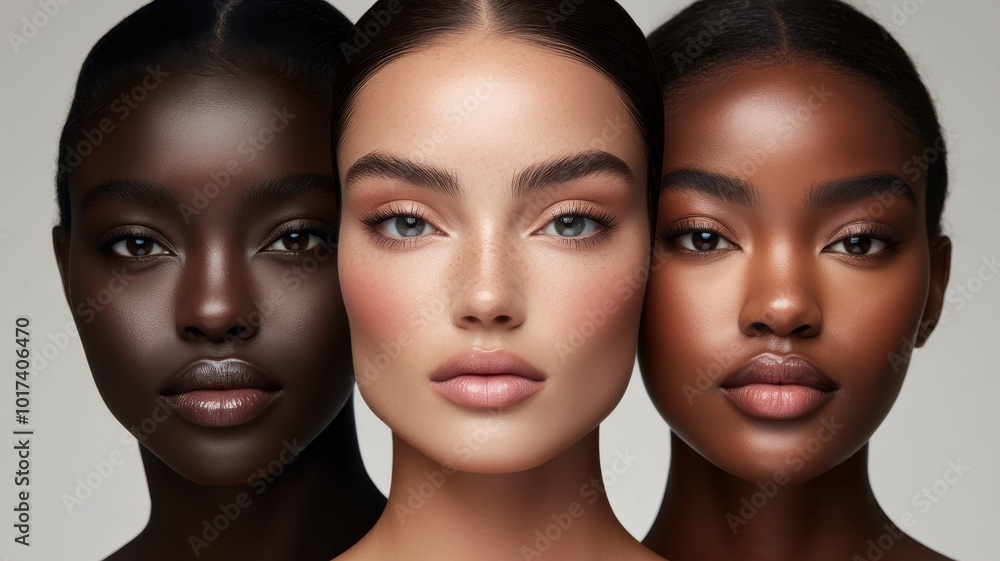 Diverse group of women with beautiful features and skin tones, studio lighting. Diverse group of women with beautiful features and skin tones, studio lighting.