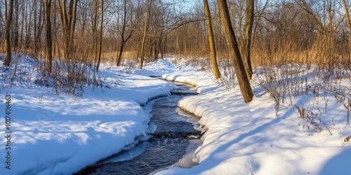 A small stream cutting through the snow-covered landscape, surrounded by trees