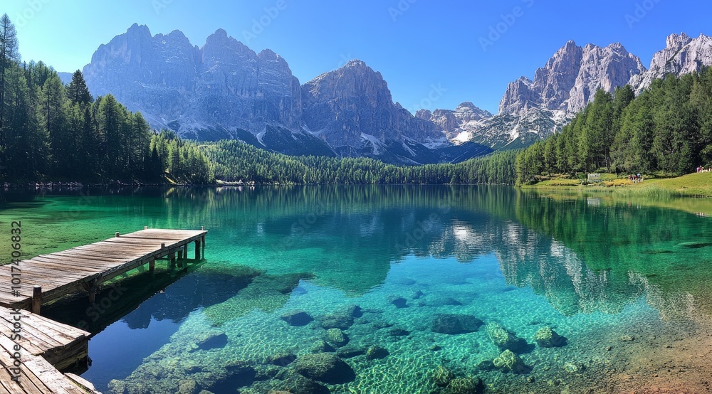 A wooden dock extends over crystal clear turquoise water in a mountain lake. A wooden dock extends over crystal clear turquoise water in a mountain lake.
