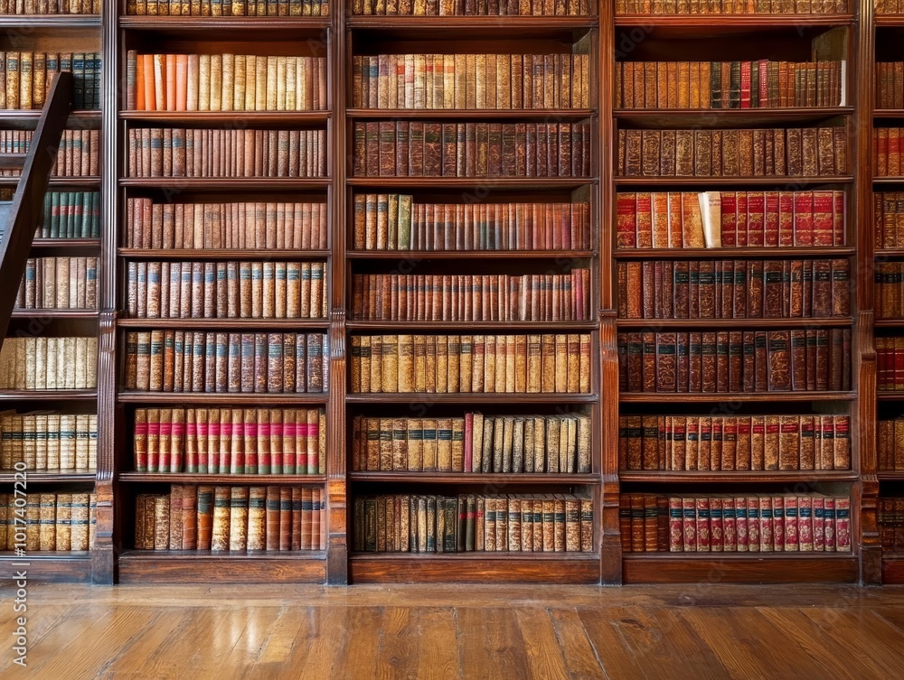 A classic library interior with rows of bookshelves filled with antique books. A classic library interior with rows of bookshelves filled with antique books.