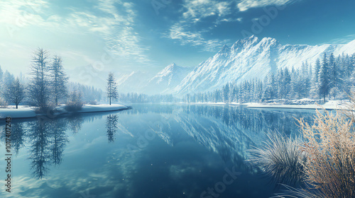 View of snow covered mountain scenery, Bow river and Three Sisters in winter