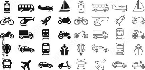 Transport or transportation icon set. Containing car, bike, plane, train, bicycle, motorbike, bus and scooter, tractor and electric vehicle, Ship or Ferry boat, helicopter icons. collection.