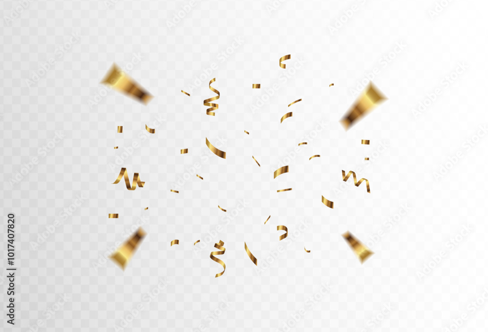 Gold confetti and ribbon streamers falling on a transparent background ...