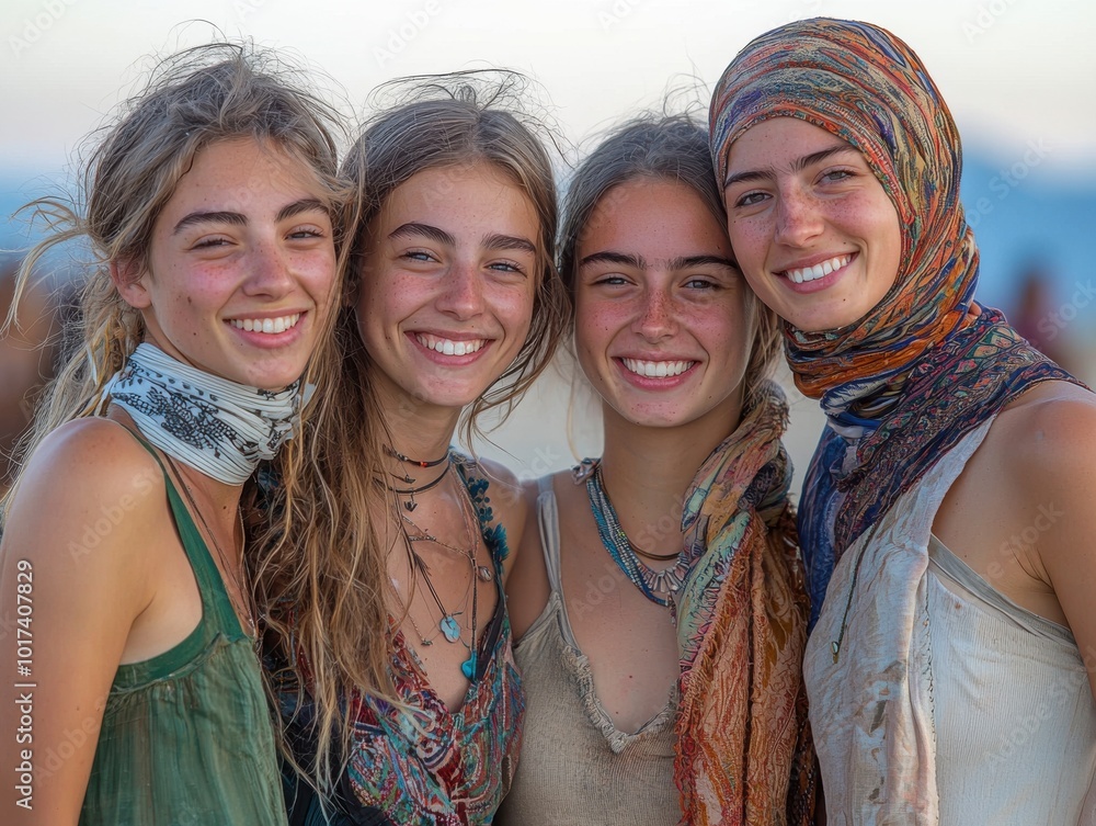 Group of four smiling women enjoying a joyful moment outdoors. Group of four smiling women enjoying a joyful moment outdoors.