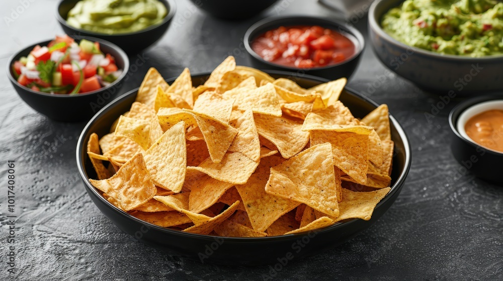 Top View of Nacho Chips Dipping Station with Salsa, Cheese Sauce, and Guacamole on Grey Stone Top View of Nacho Chips Dipping Station with Salsa, Cheese Sauce, and Guacamole on Grey Stone