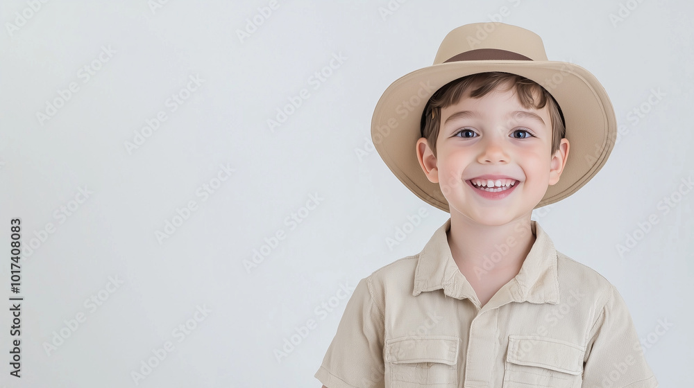 Adventurous Young Explorer: A charming boy in a safari hat and shirt beams with infectious enthusiasm, ready for an exciting journey of discovery.  