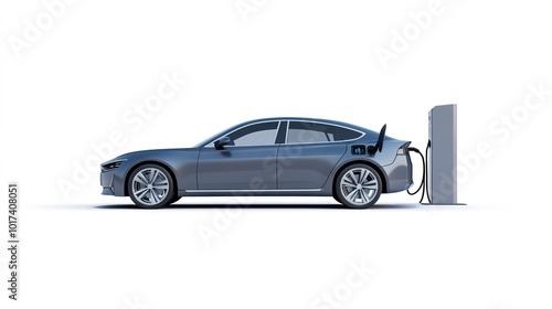 Modern electric car charging at a station on a clean white background. This sleek and minimalist illustration highlights the concept of green energy, sustainable transportation, 