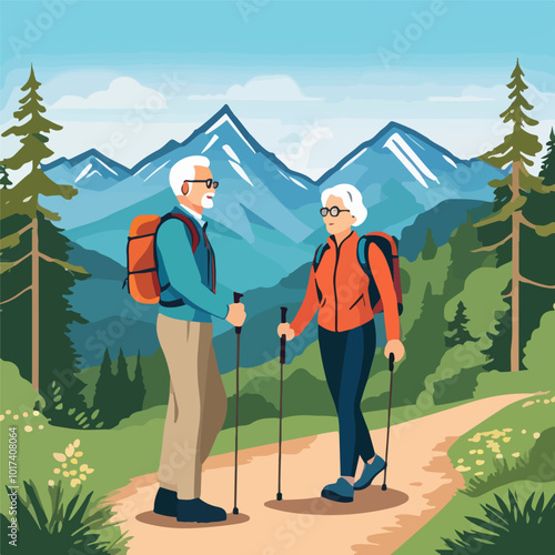 Adventure tourism and travel concept. An elderly couple stands on a hiking trail enjoying the fresh air and beautiful mountain scenery. Vector illustration