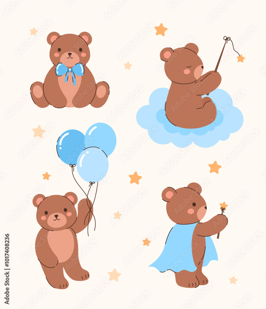Fototapeta premium Set of cartoon bears with blue balls. Birthday elements. Flat vector illustration.
