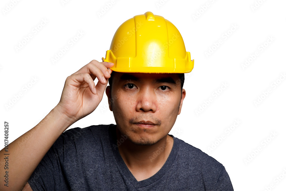 Portrait young asian man is engineer wearing helmet standing with confident isolated on white background, handsome male is architect or contractor, worker or labor concept. Portrait young asian man is engineer wearing helmet standing with confident isolated on white background, handsome male is architect or contractor, worker or labor concept.