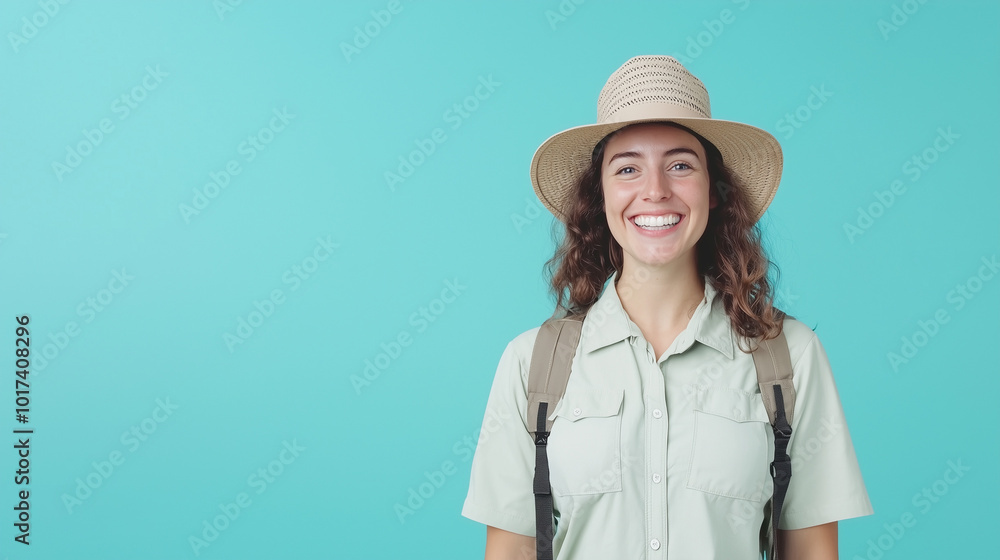Adventurous Spirit: A smiling woman, ready for her next adventure, stands against a vibrant teal backdrop. Her backpack and safari hat suggest a journey filled with exploration and excitement. Adventurous Spirit: A smiling woman, ready for her next adventure, stands against a vibrant teal backdrop. Her backpack and safari hat suggest a journey filled with exploration and excitement.