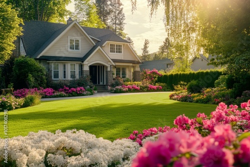A beautiful suburban home with a manicured lawn and vibrant flowerbeds in full bloom on a sunny day.