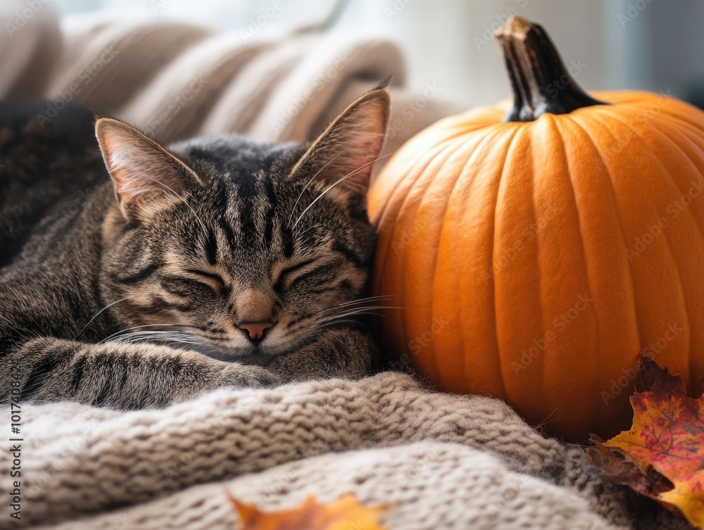 Cozy cat resting at home with decorative pumpkin Cozy cat resting at home with decorative pumpkin