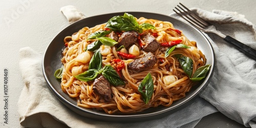 a plate of pasta with meat and vegetables