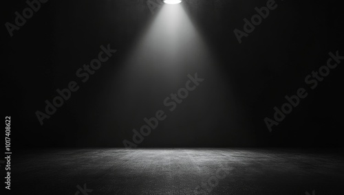 A single spotlight illuminates a dark room, casting a bright beam of light onto a concrete floor.