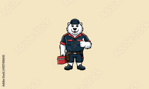 Polar bear mechanic holding toolbox and giving thumbs up