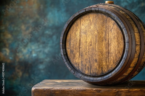 Old wooden barrel standing on a table in a cellar with bottles in the background