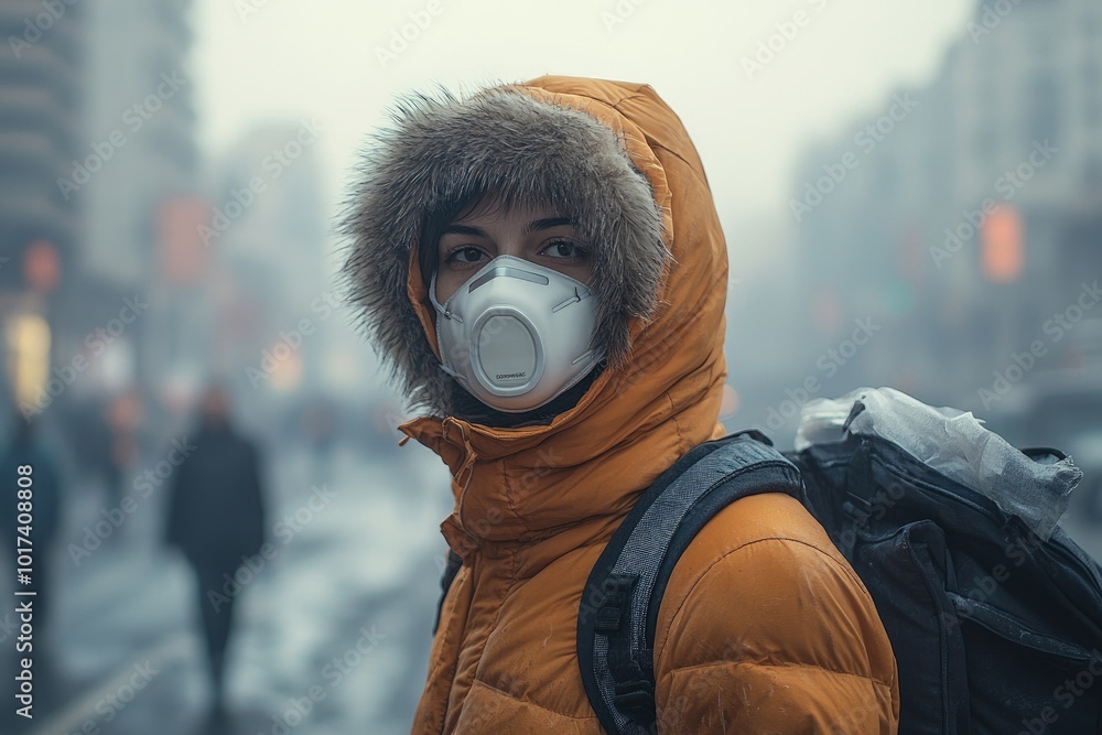 Young man with backpack looking at cityscape in winter Young man with backpack looking at cityscape in winter