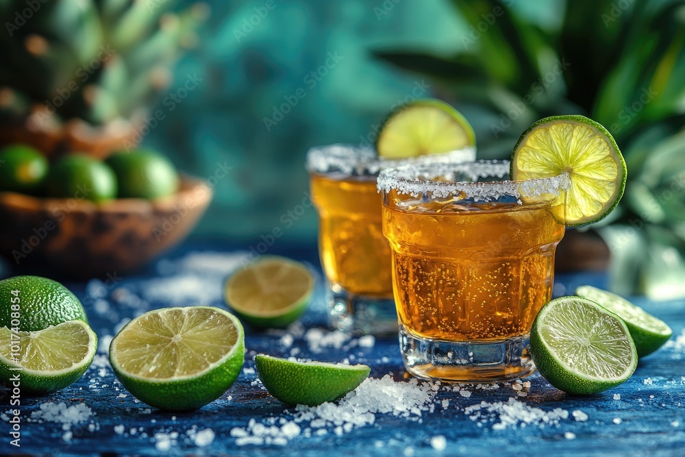 Two tequila cocktails with lime and salt on blue tabletop Two tequila cocktails with lime and salt on blue tabletop