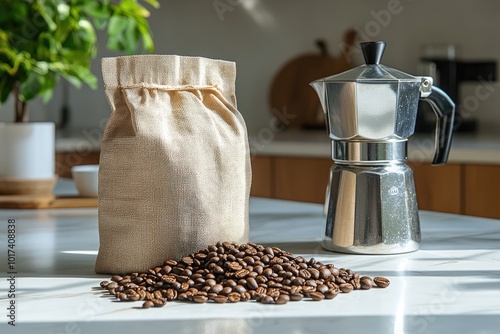 Coffee beans spilling from a sack next to a moka pot in a modern kitchen