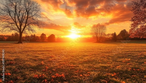 Fototapeta Naklejka Na Ścianę i Meble -  Golden hour sunset over a grassy field with scattered leaves.