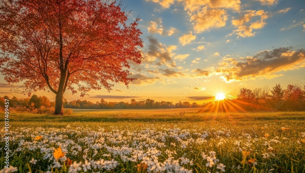 Golden sunset over a field of white wildflowers with a large tree in the foreground. Golden sunset over a field of white wildflowers with a large tree in the foreground.