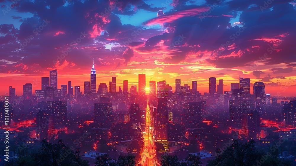 City at Dusk: A stunning view of a city skyline at dusk with illuminated buildings and busy streets ideal for themes related to city life and urban environments. High resolution Illustration, in the City at Dusk: A stunning view of a city skyline at dusk with illuminated buildings and busy streets ideal for themes related to city life and urban environments. High resolution Illustration, in the