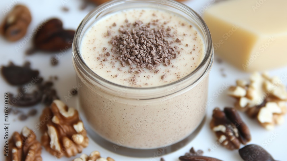 A luxurious scrub cream in an elegant jar, made from finely crushed walnut seeds, surrounded by natural ingredients, designed for exfoliation and brightening skin A luxurious scrub cream in an elegant jar, made from finely crushed walnut seeds, surrounded by natural ingredients, designed for exfoliation and brightening skin