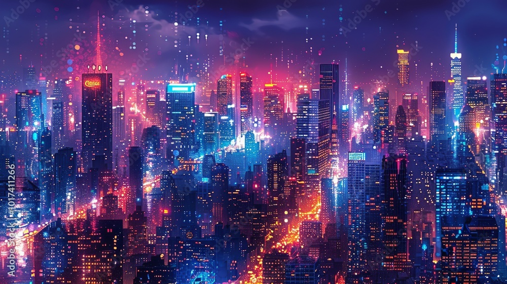 Urban Vibes: A dynamic cityscape with vibrant lights and busy streets capturing the essence of urban living and the energy of a thriving metropolitan area. High resolution Illustration, in the style Urban Vibes: A dynamic cityscape with vibrant lights and busy streets capturing the essence of urban living and the energy of a thriving metropolitan area. High resolution Illustration, in the style