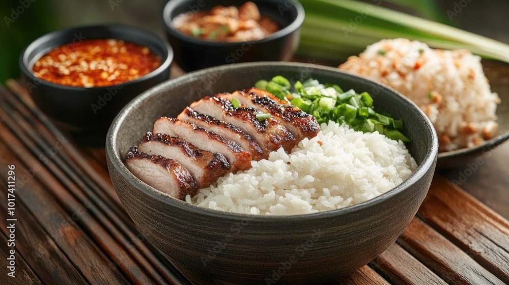 Delicious grilled chicken with rice and sauces Delicious grilled chicken with rice and sauces