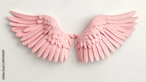 beautiful pair of pink angel wings crafted from soft materials, showcasing intricate feather details and gentle, serene appearance. Perfect for adding whimsical touch to any space